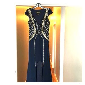 Navy and silver beaded gown by bariano australia